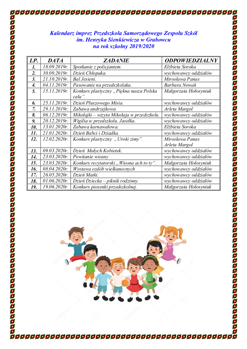 Kalendarz Imprez przedszkola 2019 2020