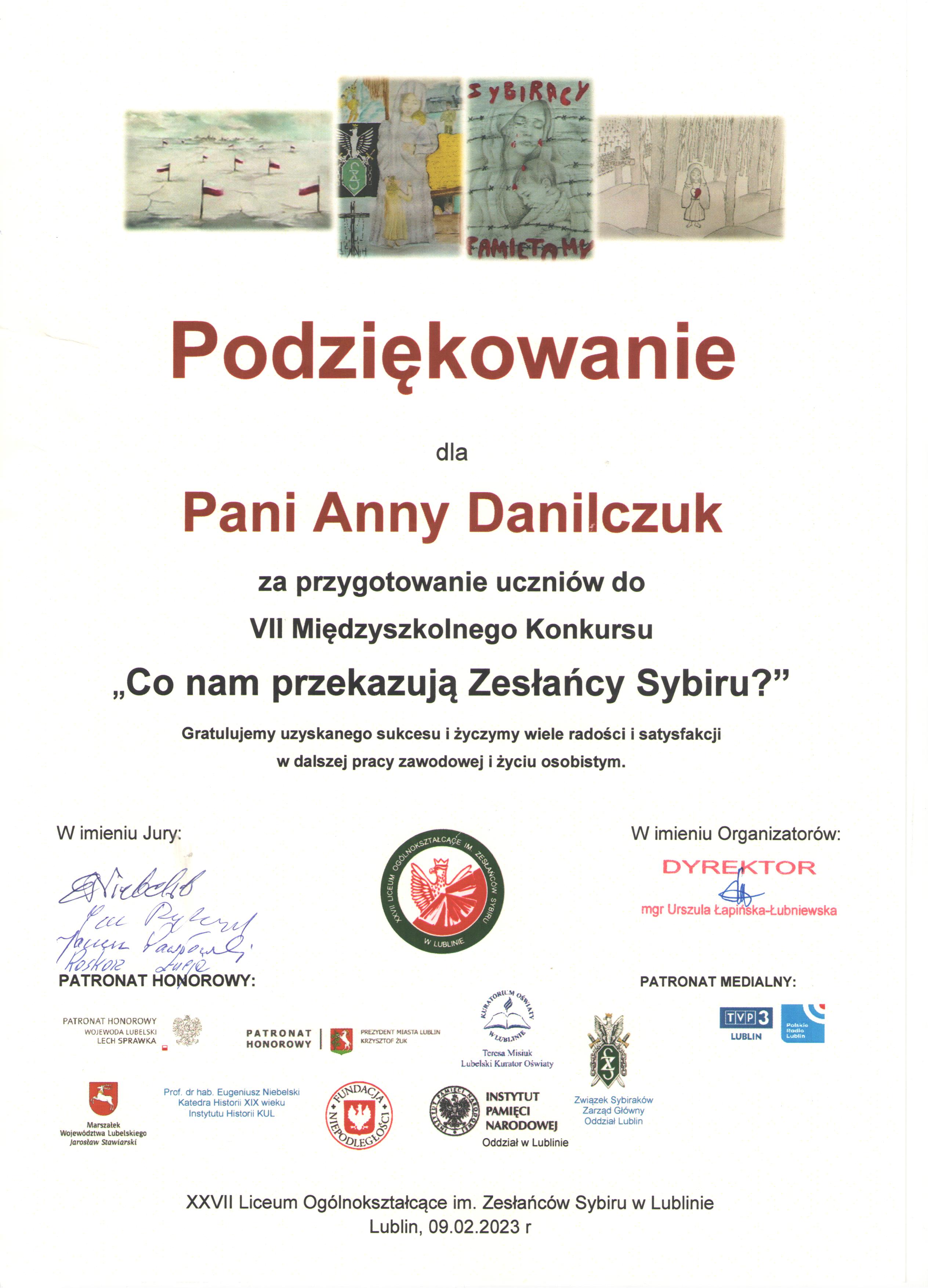 Podziękowanie A.Danilczuk Sybir